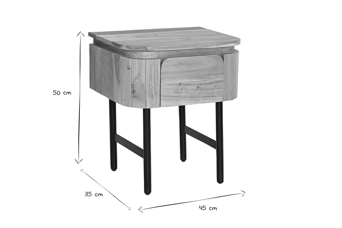 Table de chevet en bois massif et métal noir avec tiroir NAPOLI