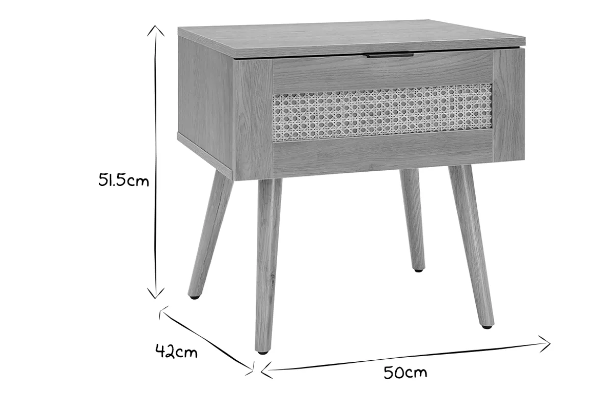 Table de chevet finition bois clair, cannage rotin et métal noir MANILLE