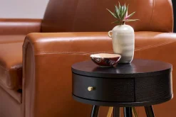 Table de chevet ronde avec tiroir bois et métal noir KORAL