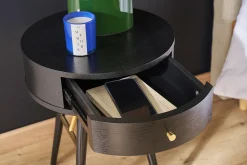 Table de chevet ronde avec tiroir bois et métal noir KORAL