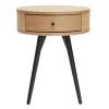 Table de chevet ronde avec tiroir bois clair et métal noir KORAL