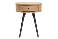 Table de chevet ronde avec tiroir bois clair et métal noir KORAL