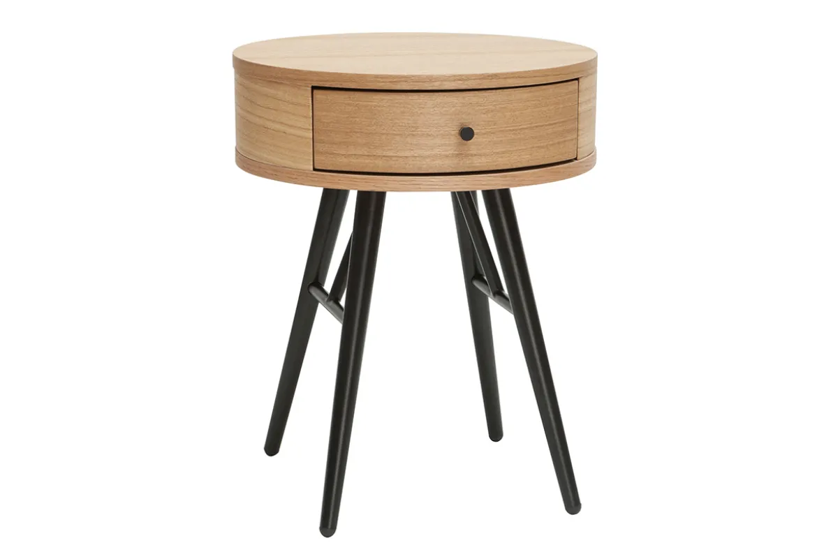 Table de chevet ronde avec tiroir bois clair et métal noir KORAL
