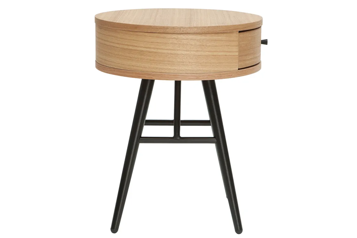 Table de chevet ronde avec tiroir bois clair et métal noir KORAL
