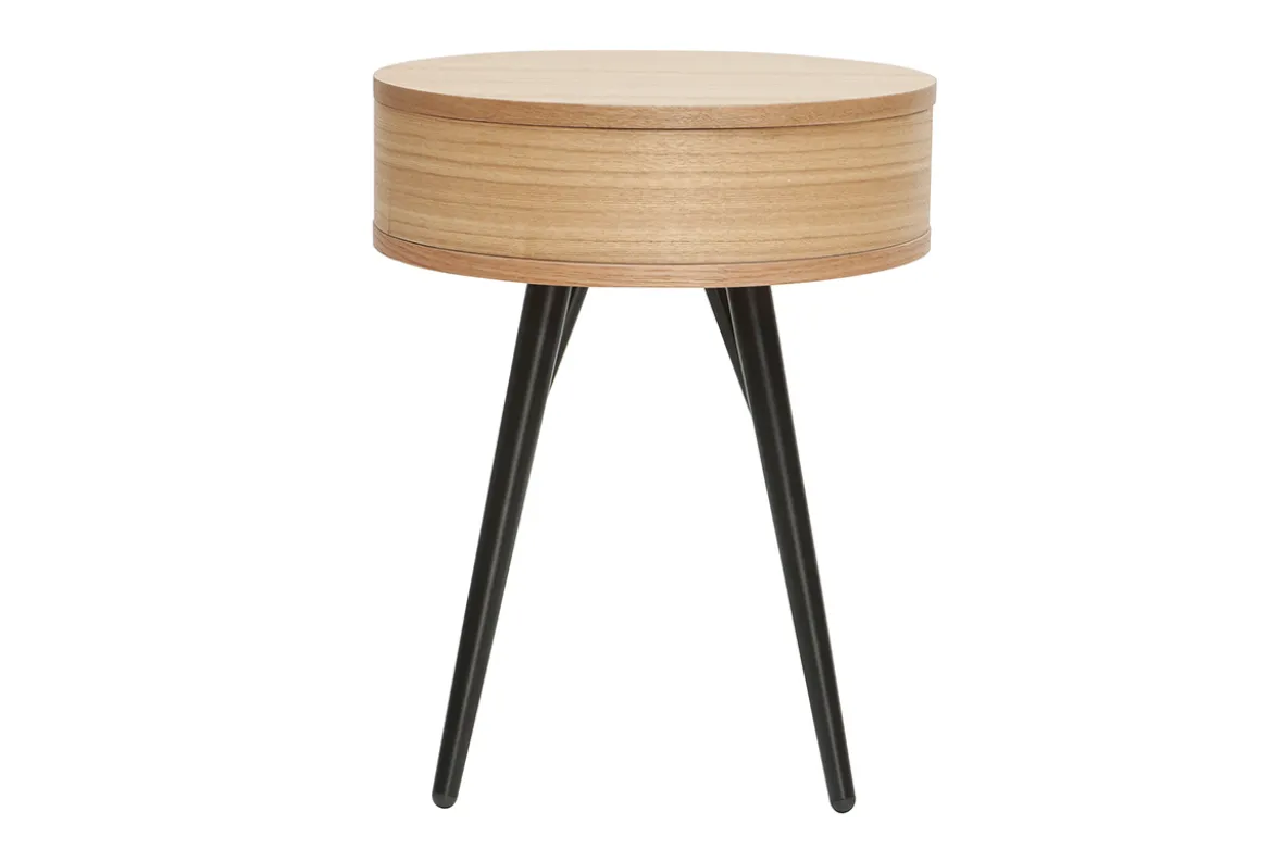 Table de chevet ronde avec tiroir bois clair et métal noir KORAL
