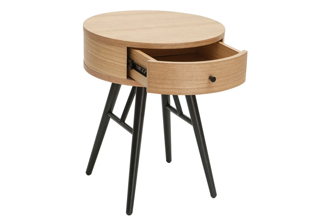Table de chevet ronde avec tiroir bois clair et métal noir KORAL