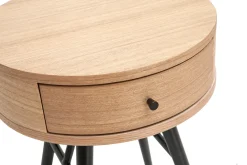 Table de chevet ronde avec tiroir bois clair et métal noir KORAL