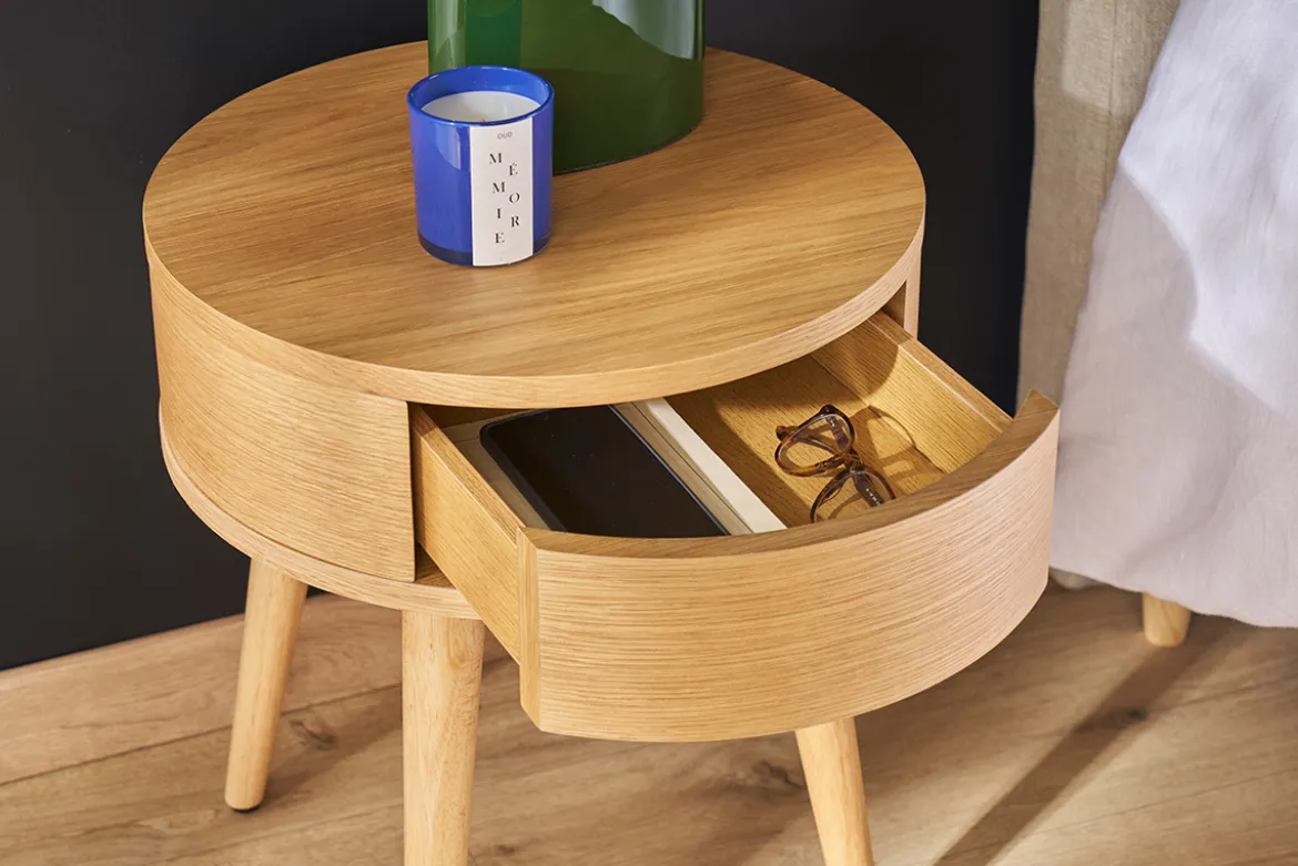 Table de chevet ronde en bois clair avec tiroir JUDITH