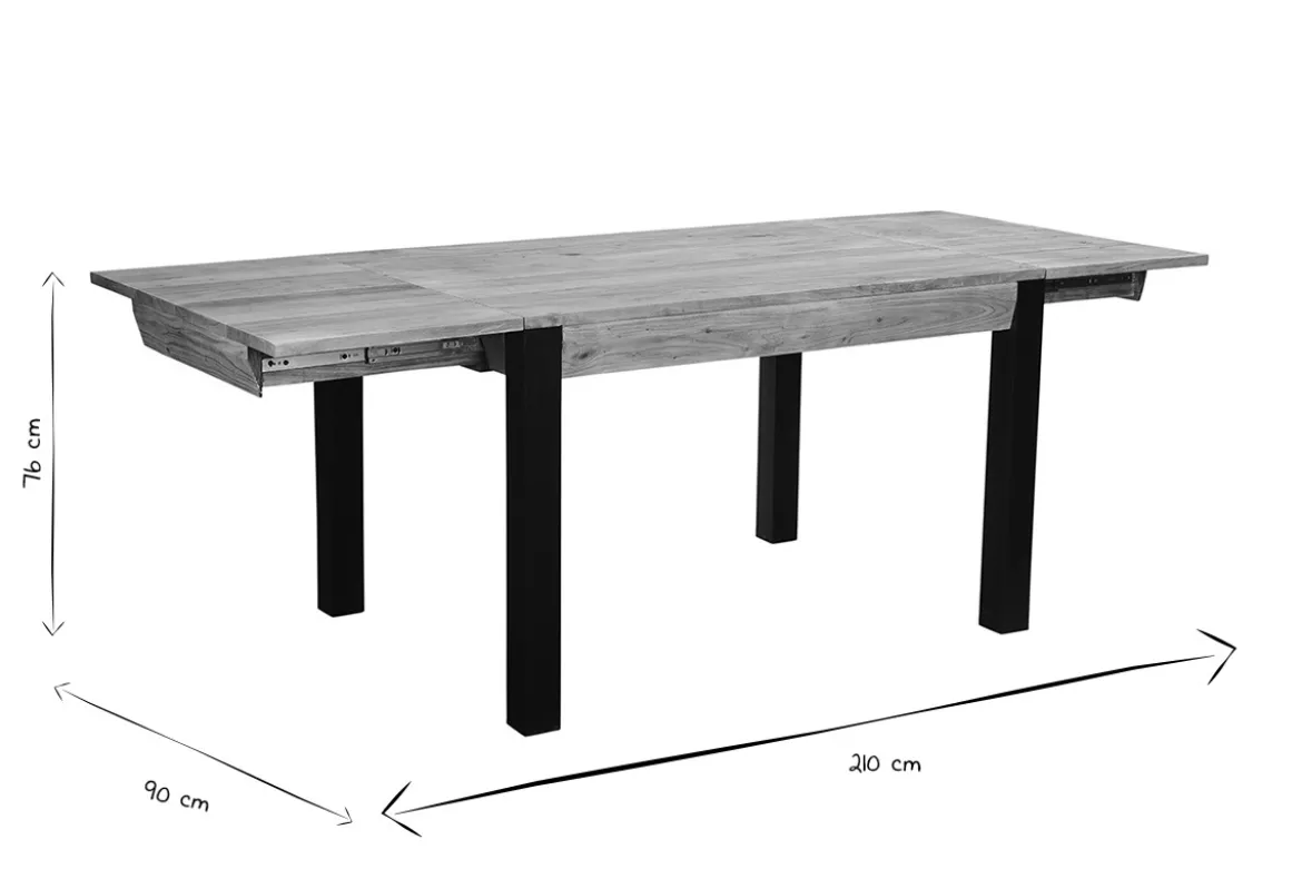 Table extensible rallonges intégrées rectangulaire en bois massif et métal noir L120-210 cm TRAP
