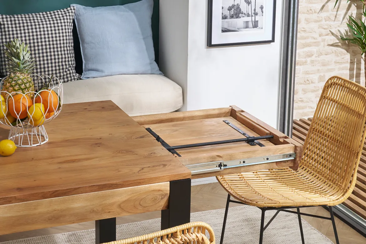 Table extensible rallonges intégrées rectangulaire en bois massif et métal noir L120-210 cm TRAP
