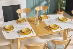 Table extensible rallonges intégrées rectangulaire blanc et bois L140-180 cm MEENA
