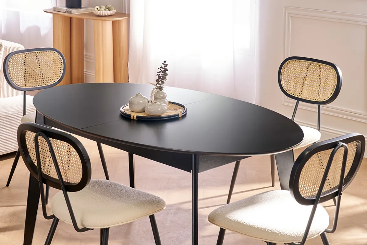 Table extensible rallonges intégrées ovale en bois noir L160-200 cm MARIK