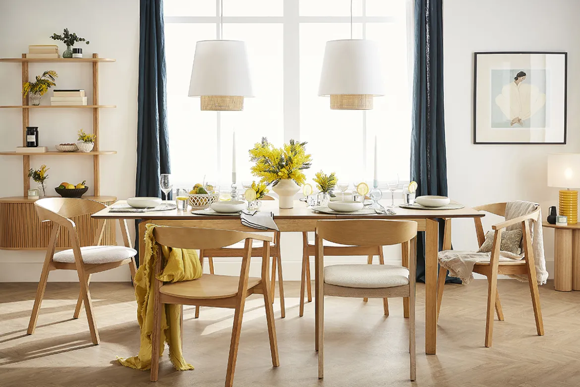 Table extensible rallonges intégrées rectangulaire en bois clair frêne L160-210 cm BONAVISTA