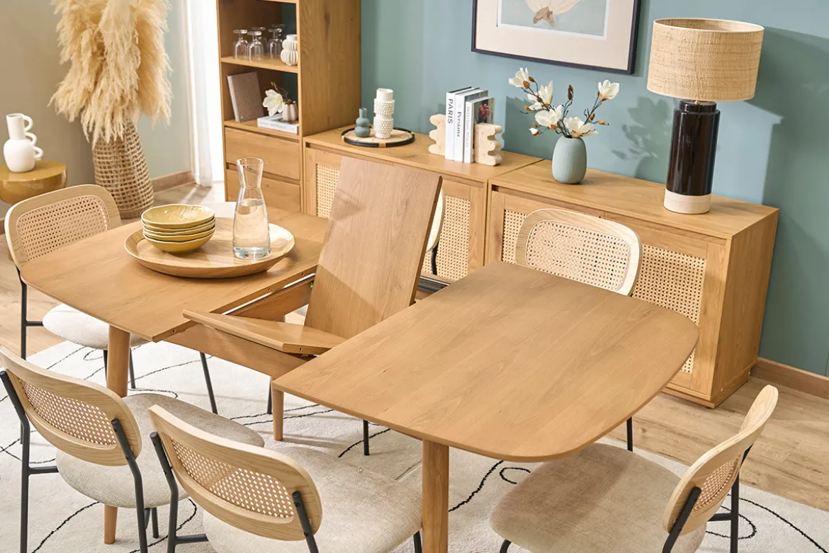 Table extensible rallonges intégrées rectangulaire en bois clair chêne L130-160 cm HELMA