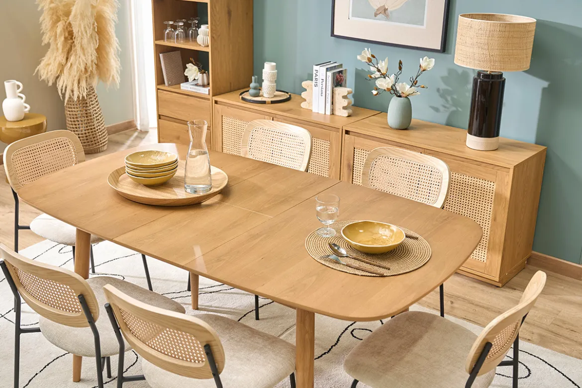 Table extensible rallonges intégrées rectangulaire en bois clair chêne L130-160 cm HELMA