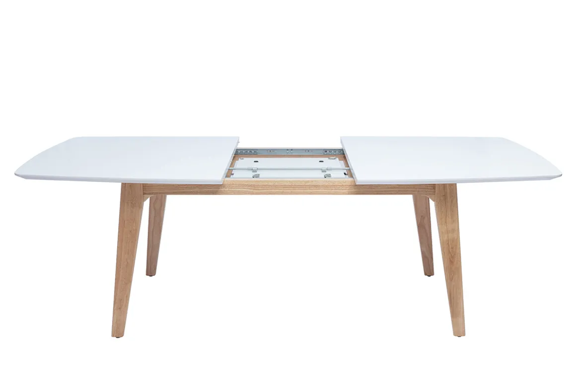 Table extensible rallonges intégrées rectangulaire finition bois blanc et hévéa massif L180-230 cm FIFTIES