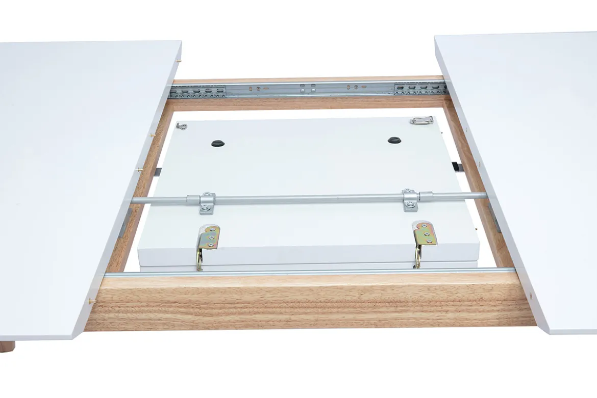Table extensible rallonges intégrées rectangulaire finition bois blanc et hévéa massif L180-230 cm FIFTIES