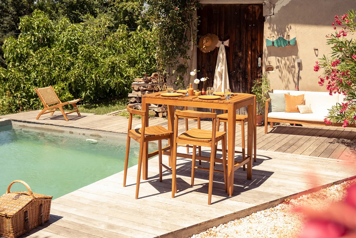 Table haute de jardin rectangulaire en bois teck massif L120 cm GILI