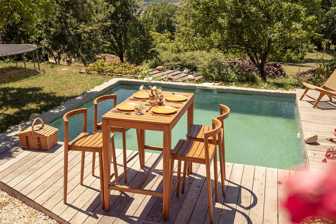 Table haute de jardin rectangulaire en bois teck massif L120 cm GILI