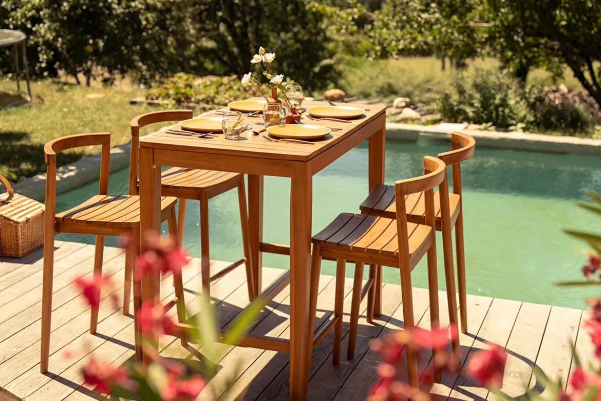 Table haute de jardin rectangulaire en bois teck massif L120 cm GILI