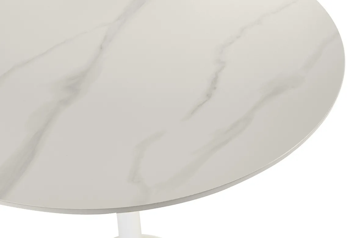 Table haute design ronde en céramique blanche et métal D80 cm MALOU