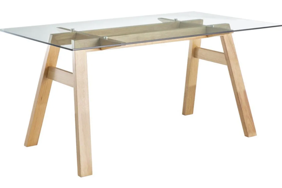 Table à manger design en verre transparent et bois clair L160 cm BACCO