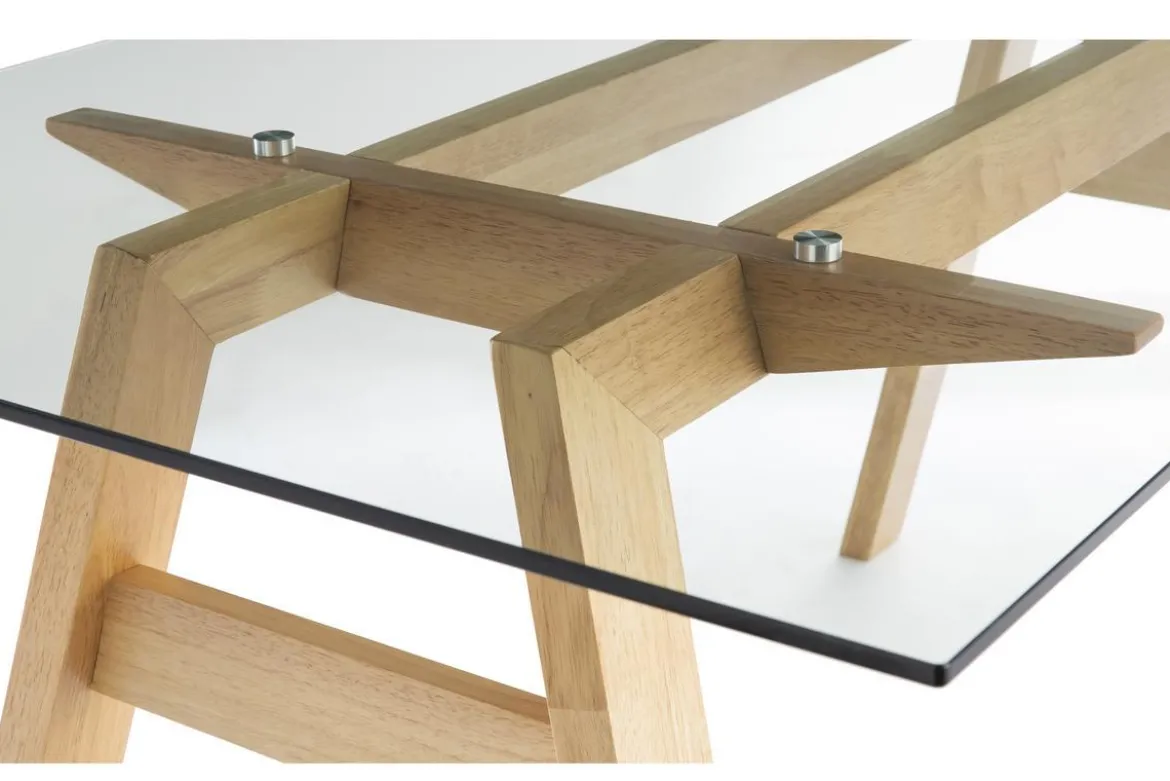 Table à manger design en verre transparent et bois clair L160 cm BACCO