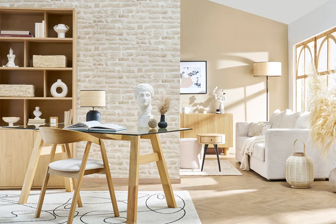 Table à manger design en verre transparent et bois clair L160 cm BACCO
