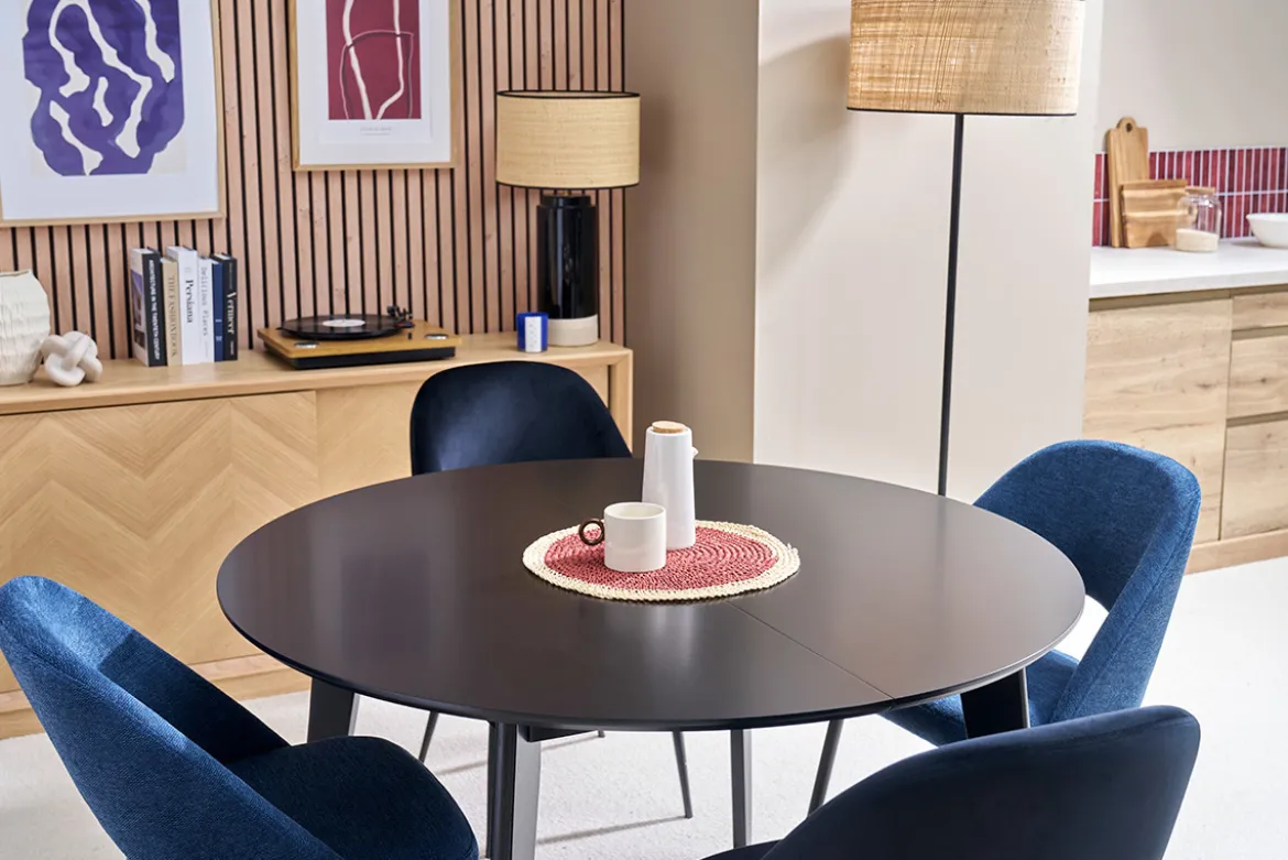 Table à manger design extensible ronde noire L120-150 cm LEENA
