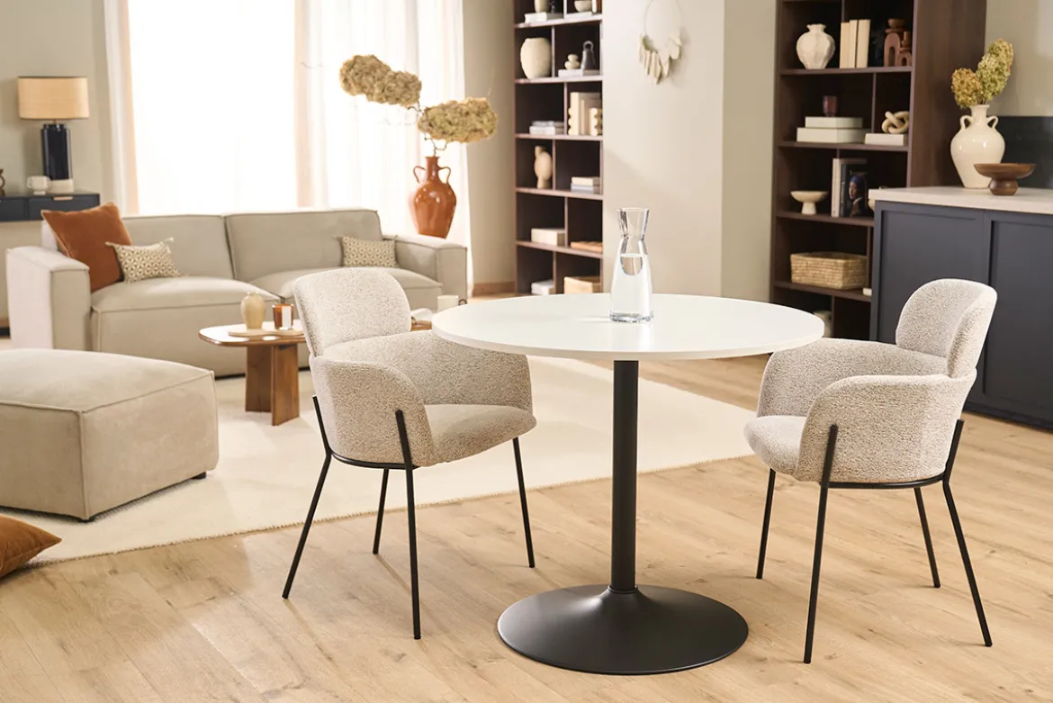 Table à manger design ronde blanche et métal noir D90 cm CALISTA