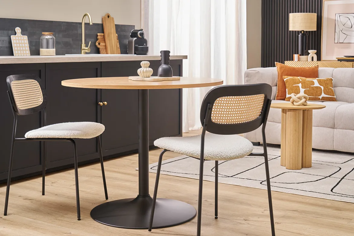 Table à manger design ronde en bois clair chêne et métal noir D90 cm CALISTA