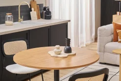 Table à manger design ronde en bois clair chêne et métal noir D90 cm CALISTA