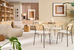 Table à manger design ronde en bois clair chêne et métal blanc D90 cm CALISTA