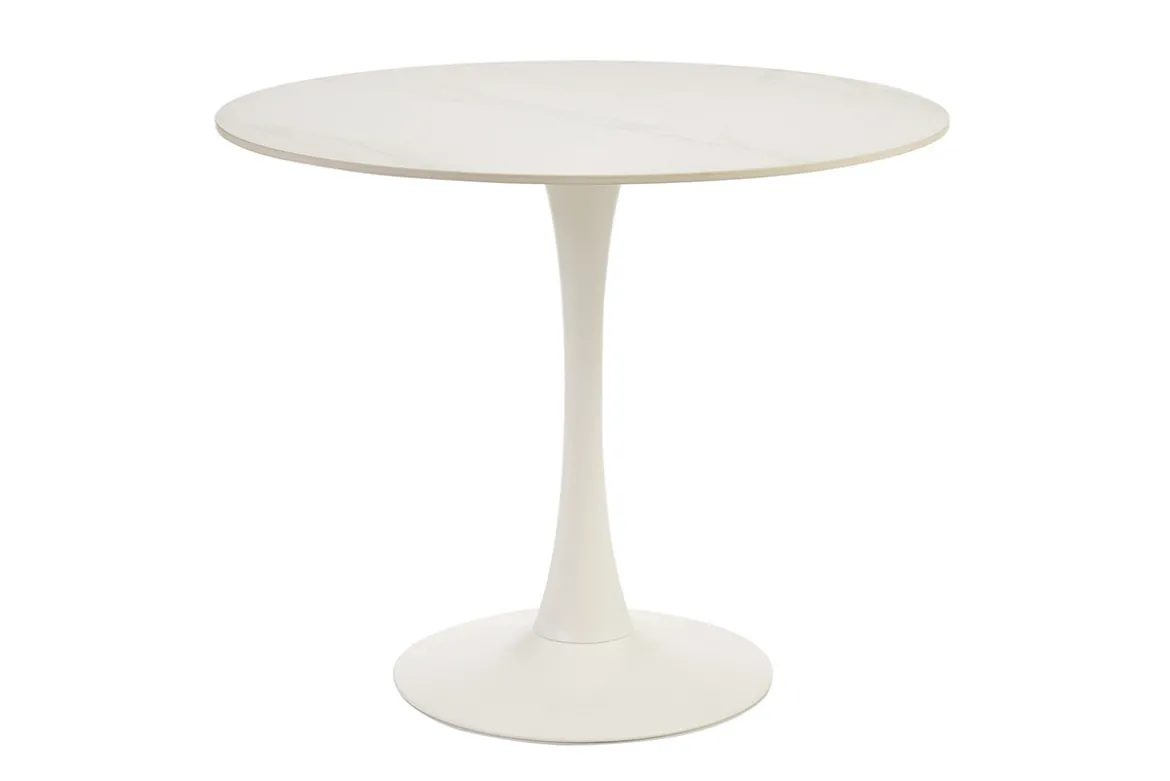Table à manger design ronde en céramique blanche et métal D90 cm MALOU