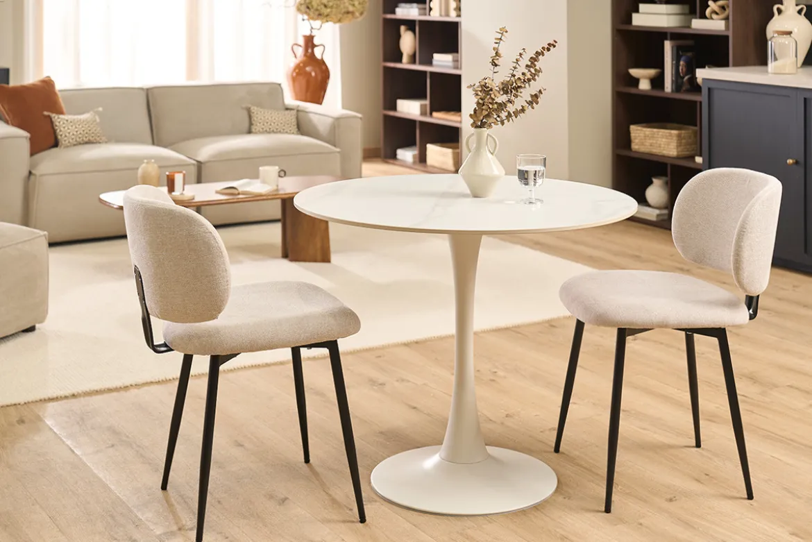 Table à manger design ronde en céramique blanche et métal D90 cm MALOU