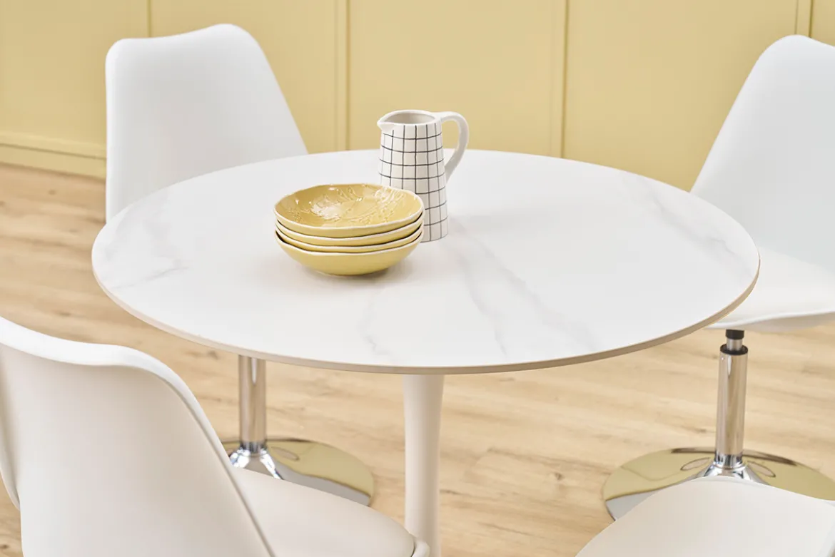 Table à manger design ronde en céramique blanche et métal D90 cm MALOU