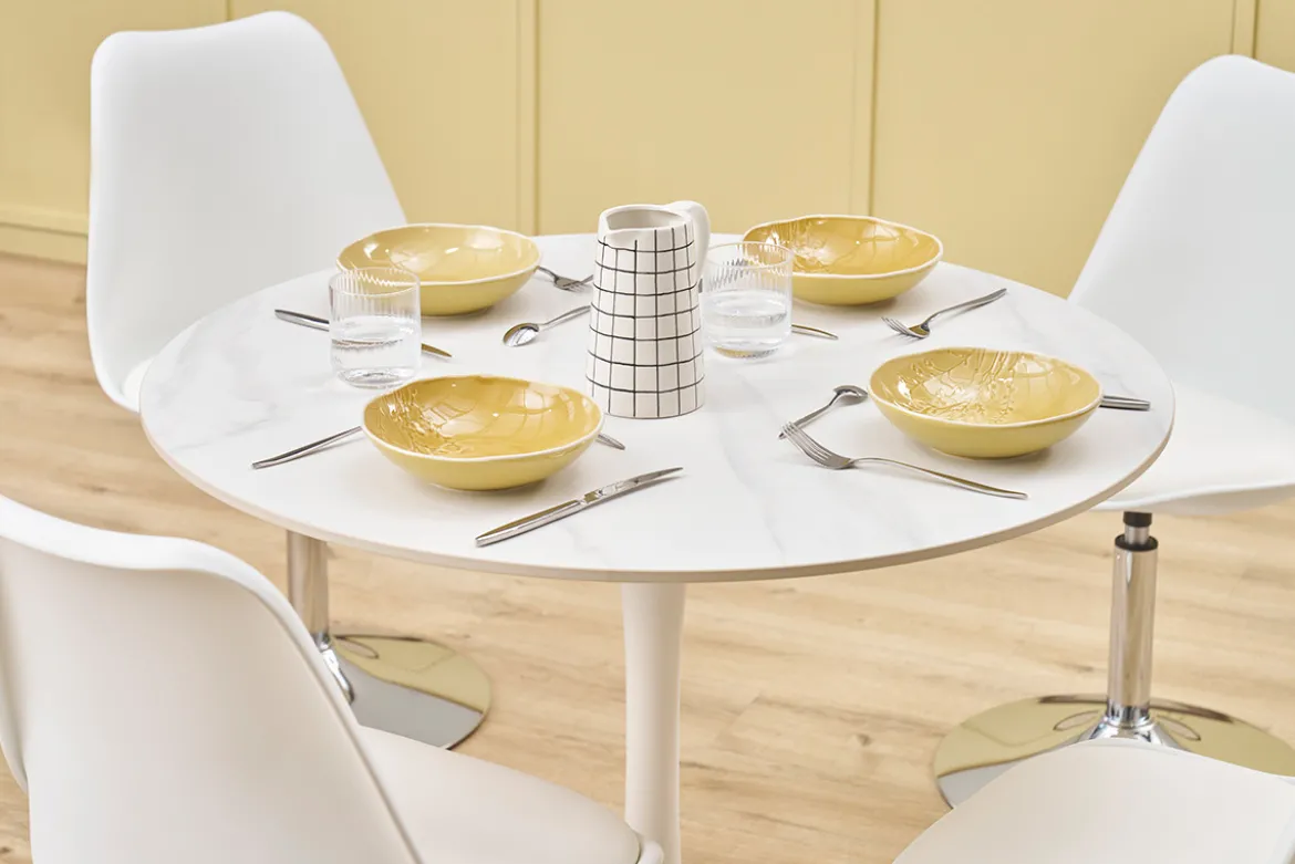 Table à manger design ronde en céramique blanche et métal D90 cm MALOU