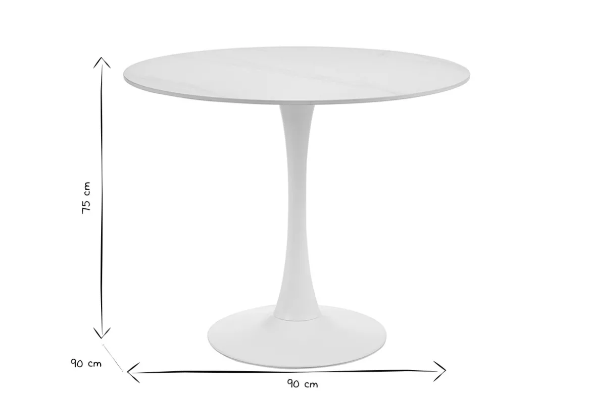 Table à manger design ronde en céramique blanche et métal D90 cm MALOU