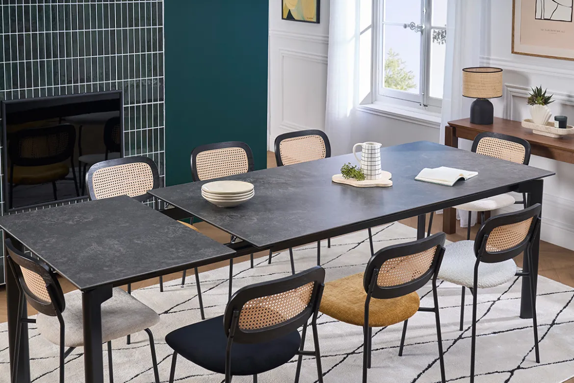 Table à manger extensible en céramique noire et métal L180-240 cm CARA