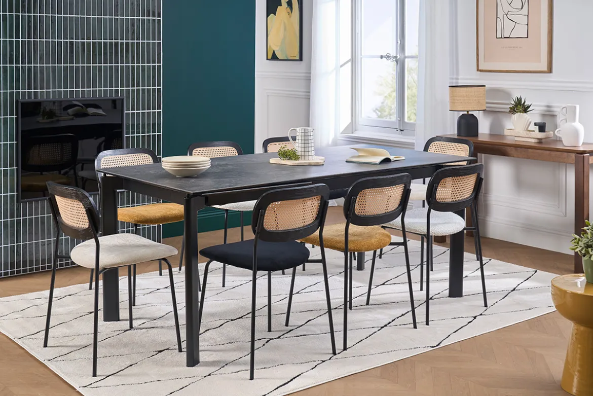 Table à manger extensible en céramique noire et métal L180-240 cm CARA