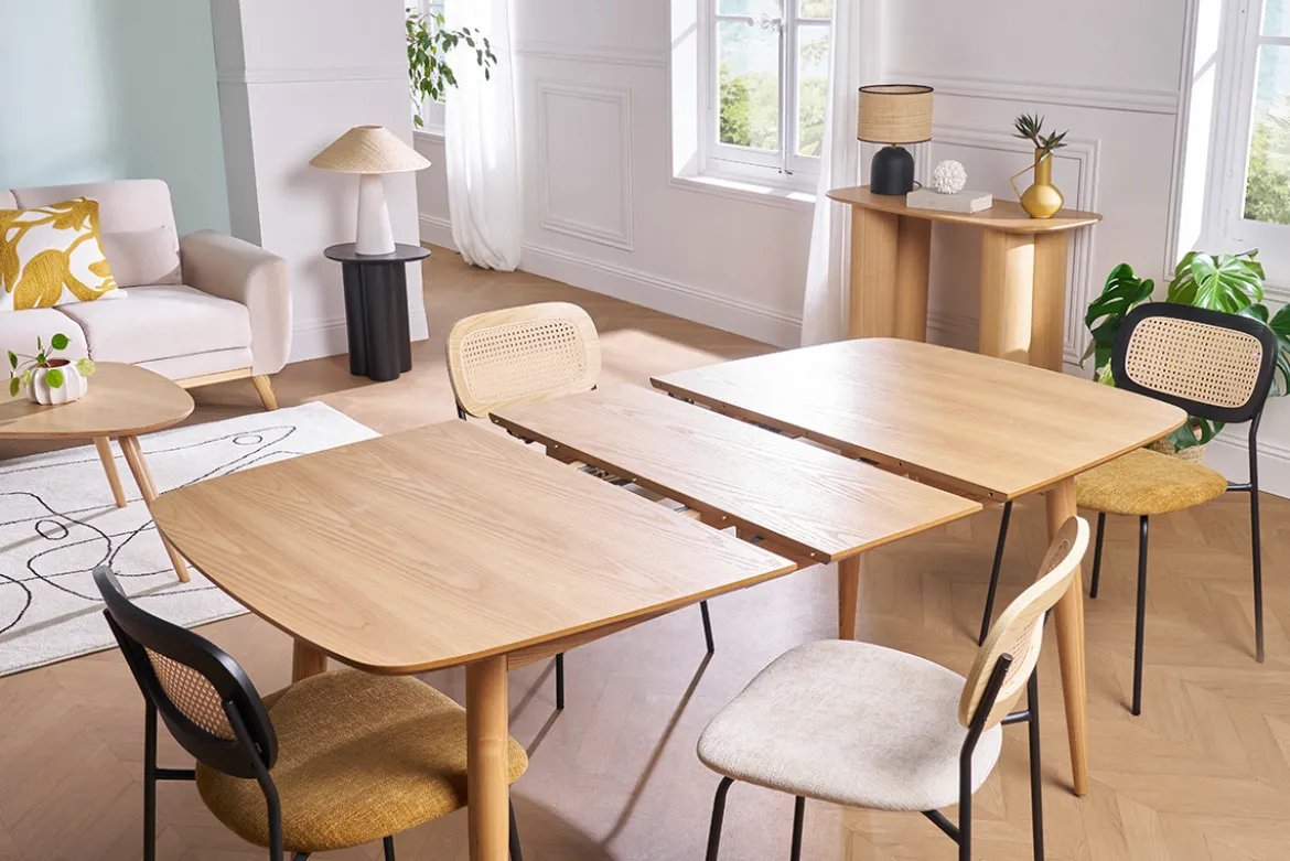Table à manger extensible rectangulaire en bois clair L130-160 cm NORDECO
