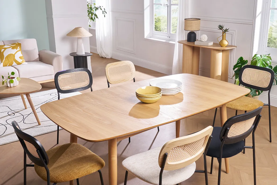 Table à manger extensible rectangulaire en bois clair L130-160 cm NORDECO