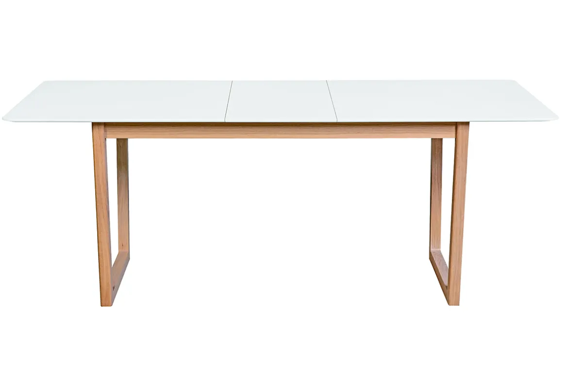 Table à manger extensible rectangulaire rallonges intégrées finition blanc et bois clair chêne massif L160-240 cm LAHO