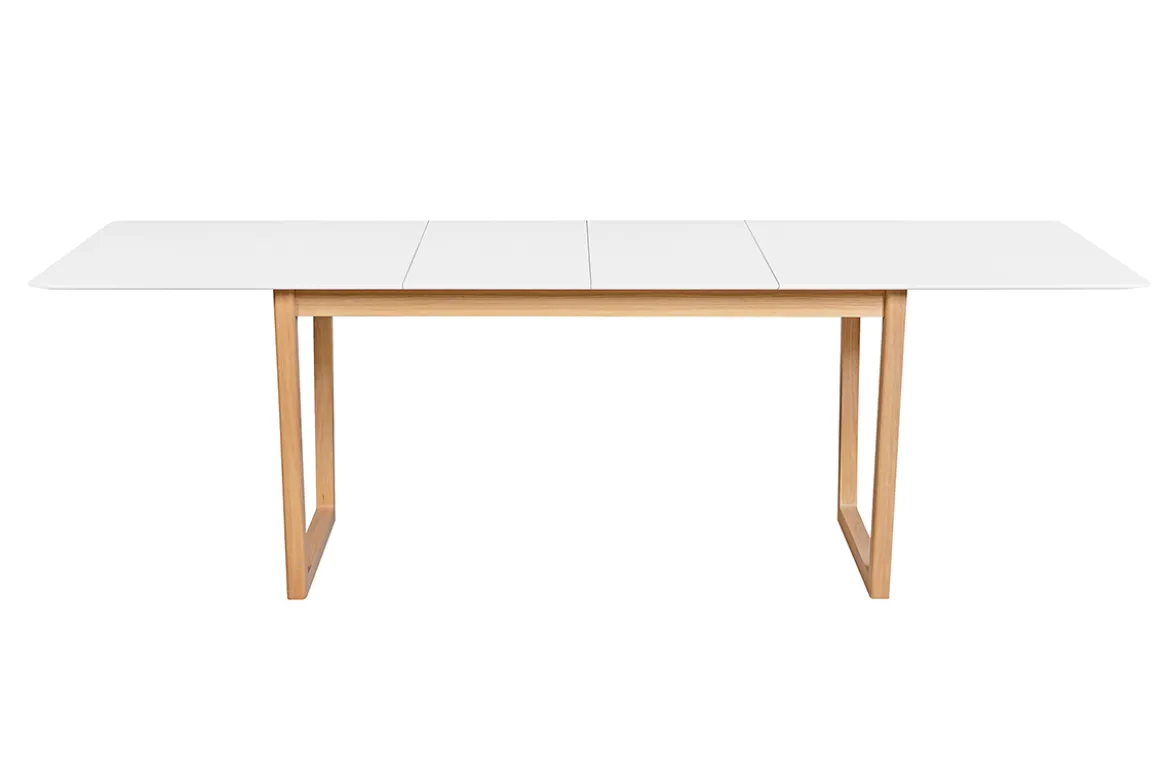 Table à manger extensible rectangulaire rallonges intégrées finition blanc et bois clair chêne massif L160-240 cm LAHO