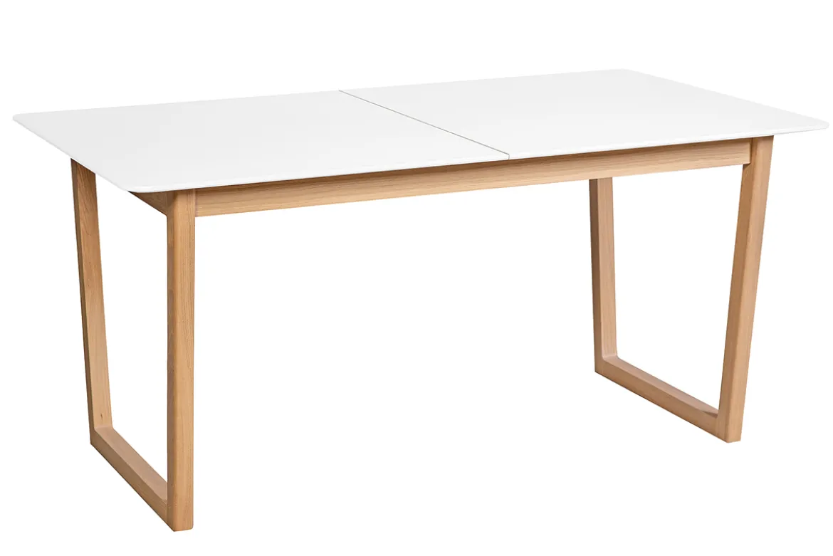 Table à manger extensible rectangulaire rallonges intégrées finition blanc et bois clair chêne massif L160-240 cm LAHO