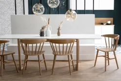 Table à manger extensible rectangulaire rallonges intégrées finition blanc et bois clair chêne massif L160-240 cm LAHO