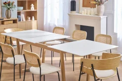 Table à manger extensible rectangulaire rallonges intégrées finition blanc et bois clair chêne massif L160-240 cm LAHO