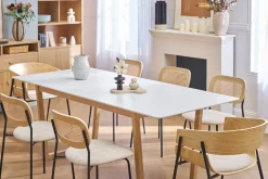 Table à manger extensible rectangulaire rallonges intégrées finition blanc et bois clair chêne massif L160-240 cm LAHO
