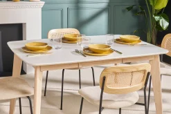 Table à manger extensible scandinave carrée blanche et bois L90-130 cm LEENA