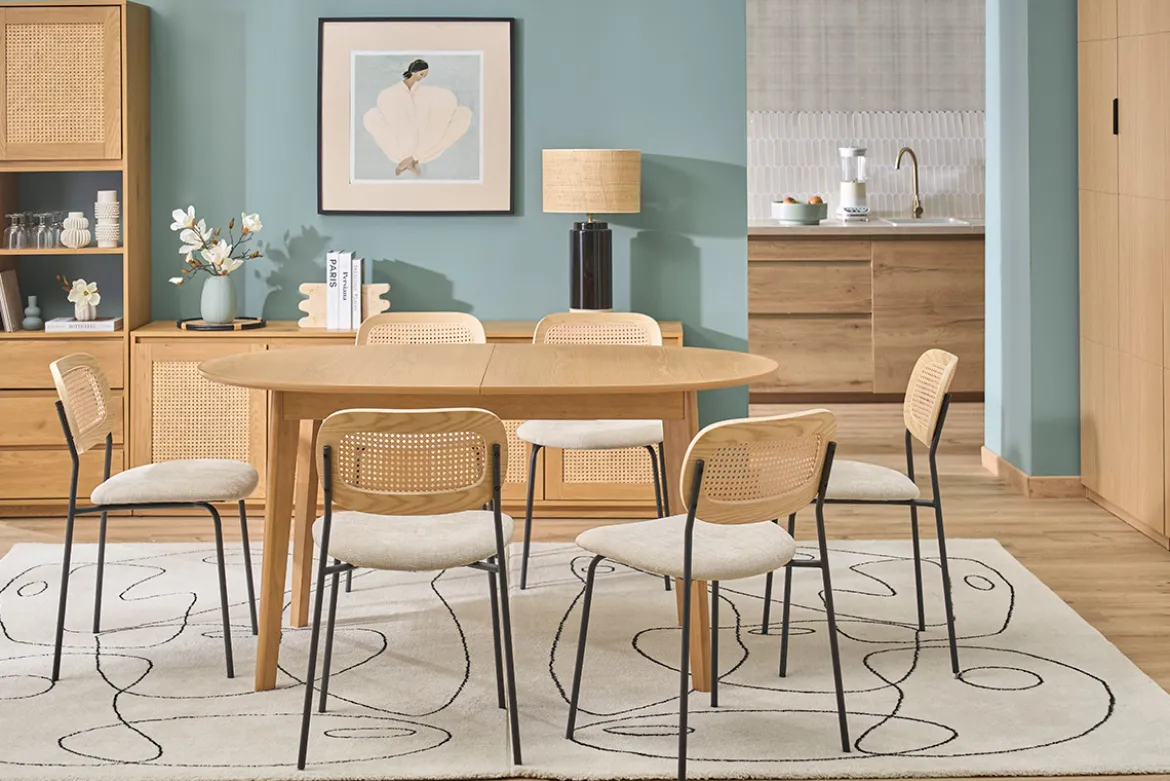 Table à manger ovale extensible avec rallonges intégrées en bois clair chêne L150-200 cm ANSEL